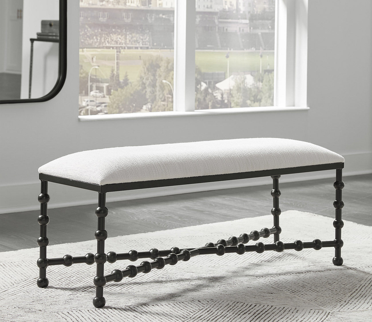 Iron Drops White Cushioned Bench