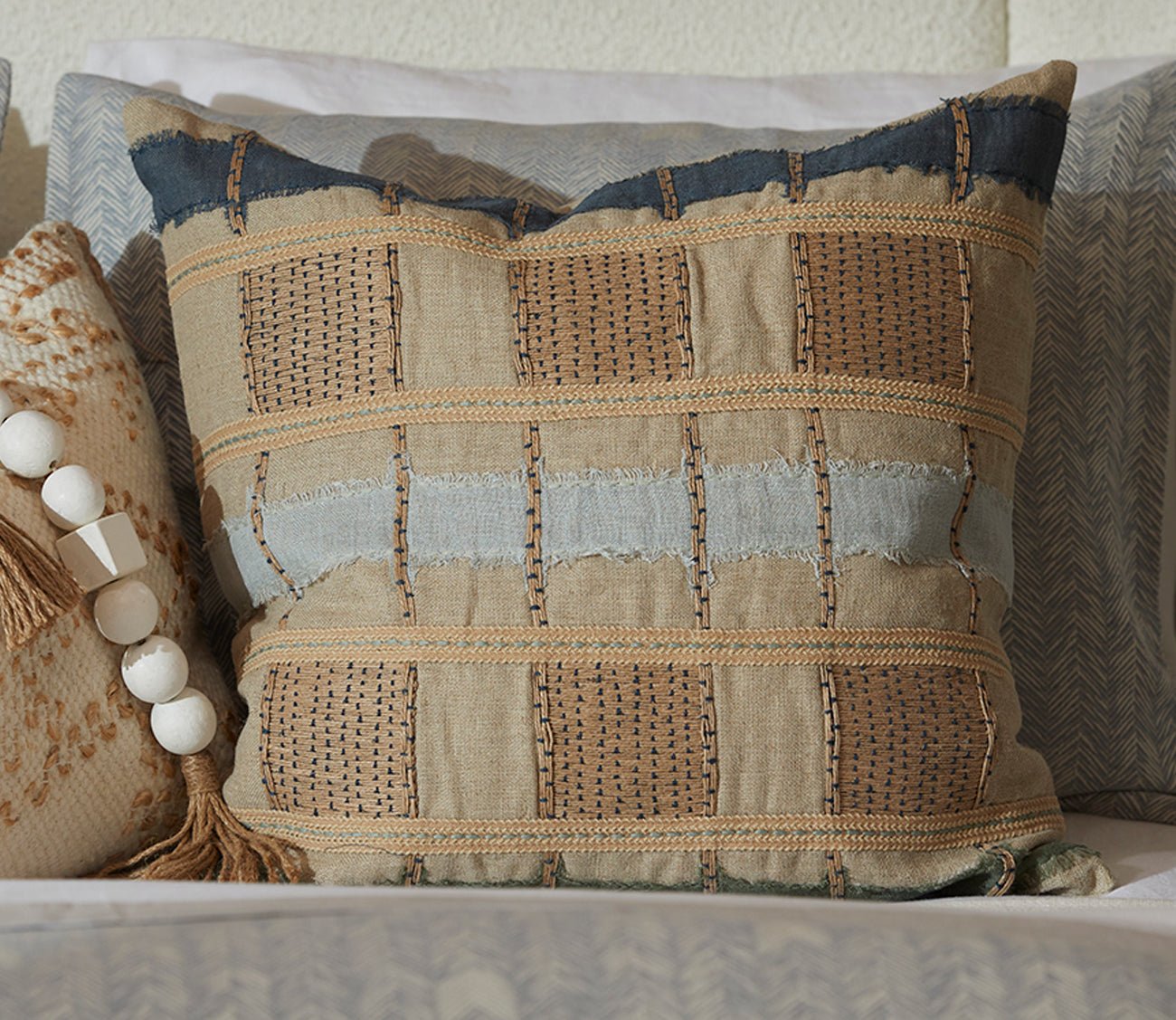 Villa by Classic Home Stratton Natural Blue Multi Throw Pillow